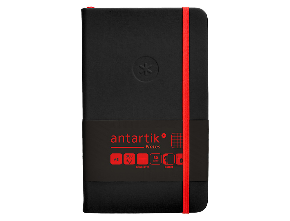 CUADERNO CON GOMILLA ANTARTIK NOTES TAPA DURA A6 HOJAS CUADRICULA NEGRO Y ROJO 100 HOJAS 80 GR FSC