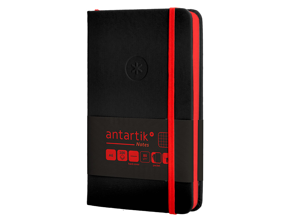 CUADERNO CON GOMILLA ANTARTIK NOTES TAPA DURA A6 HOJAS CUADRICULA NEGRO Y ROJO 100 HOJAS 80 GR FSC