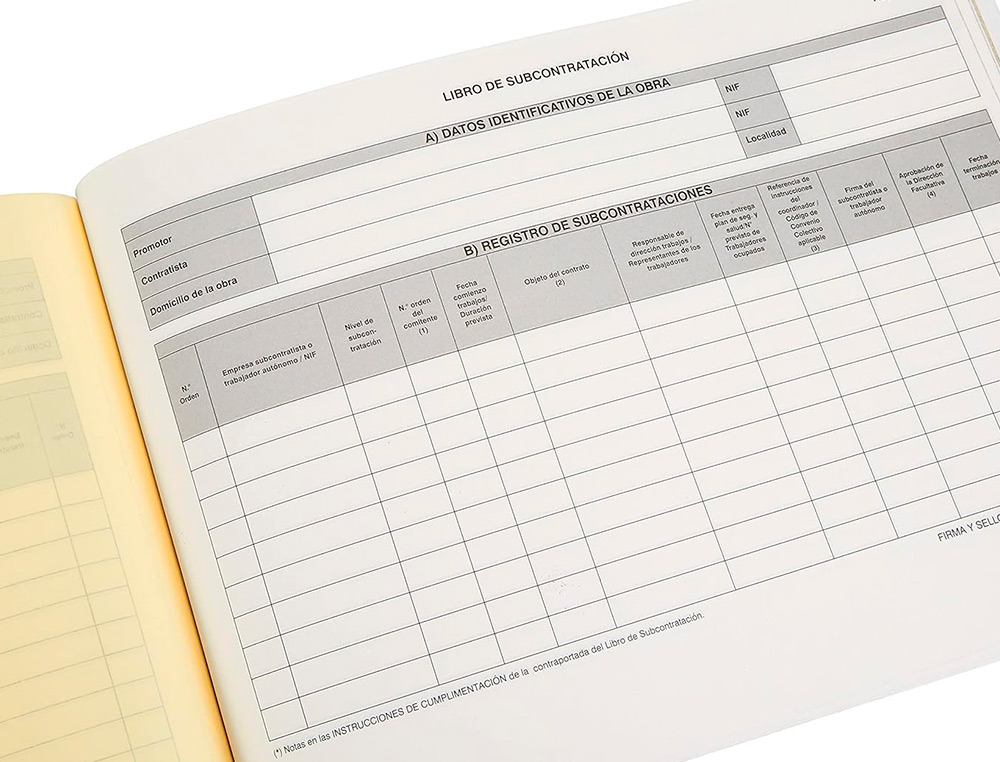 LIBRO LIDERPAPEL SUBCONTRATACION FOLIO JUEGO DE 10 HOJAS AUTOCOPIATIVAS