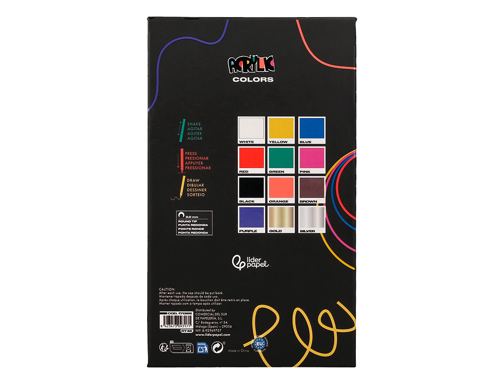 ROTULADOR LIDERPAPEL ACRYLIC BASE AGUA TODO TIPO DE SUPERFICIE PUNTA REDONDA 3 MM CAJA DE 12 UNIDADES COLORES SURTIDOS