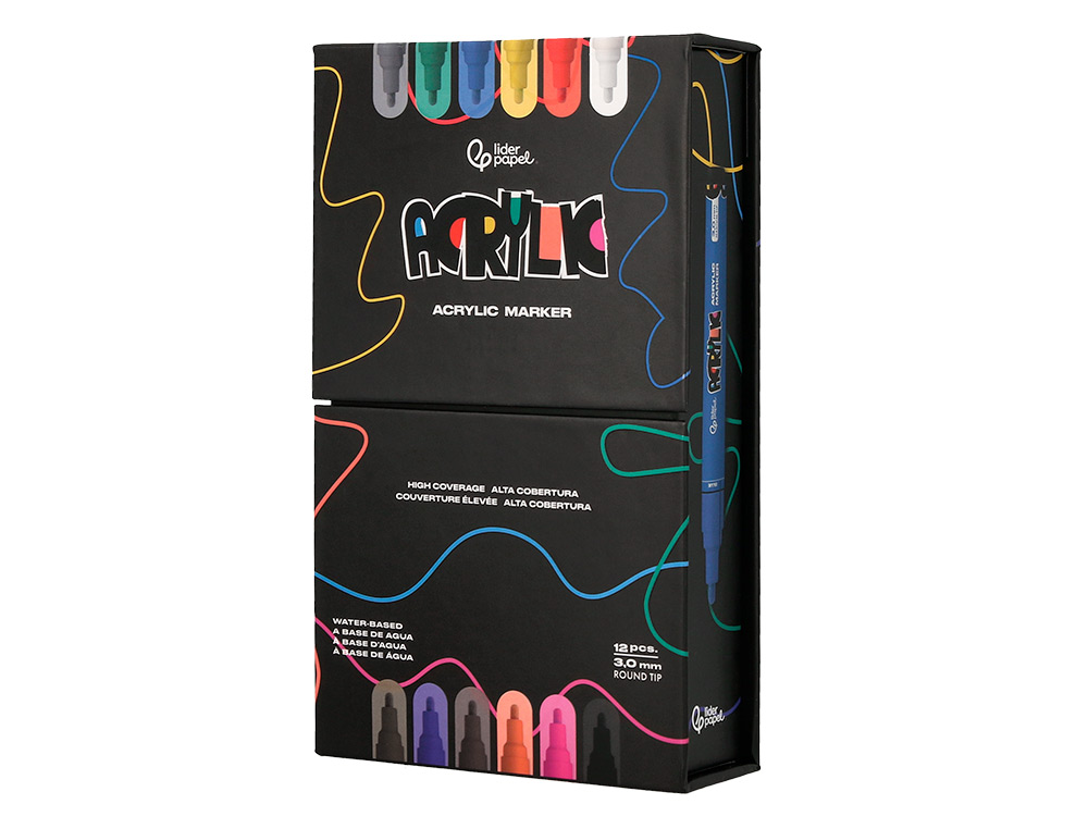 ROTULADOR LIDERPAPEL ACRYLIC BASE AGUA TODO TIPO DE SUPERFICIE PUNTA REDONDA 3 MM CAJA DE 12 UNIDADES COLORES SURTIDOS