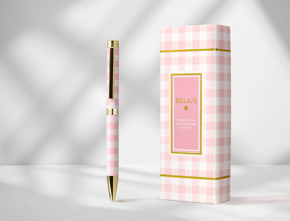 BOLIGRAFO BELIUS PICNIC ALUMINIO COLOR ROSA DORADO TINTA COLOR AZUL CAJA DE DISEÑO