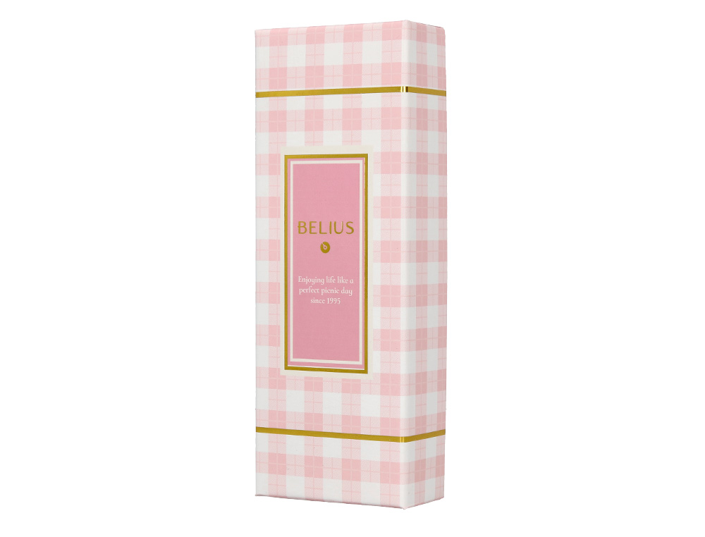 BOLIGRAFO BELIUS PICNIC ALUMINIO COLOR ROSA DORADO TINTA COLOR AZUL CAJA DE DISEÑO