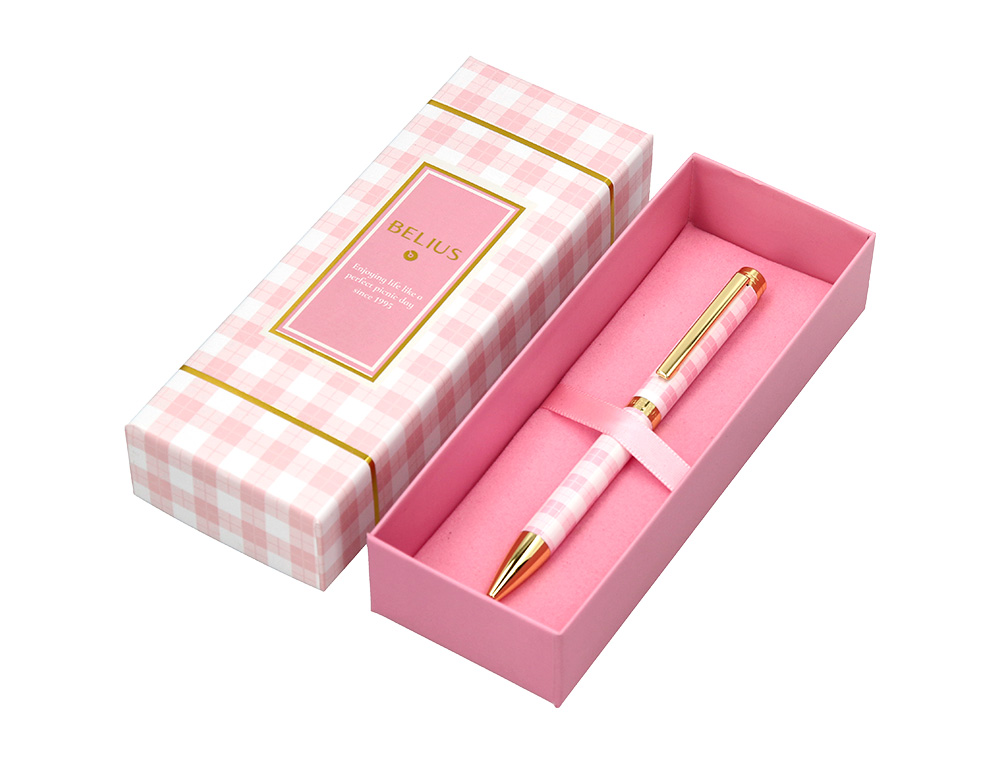 BOLIGRAFO BELIUS PICNIC ALUMINIO COLOR ROSA DORADO TINTA COLOR AZUL CAJA DE DISEÑO