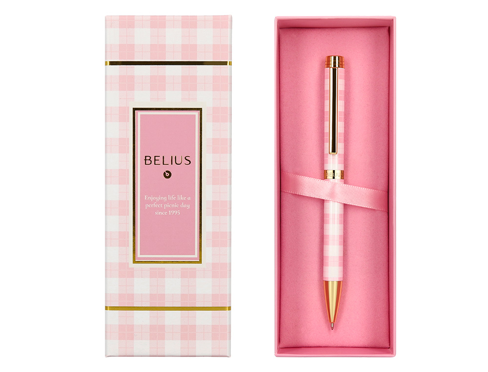 BOLIGRAFO BELIUS PICNIC ALUMINIO COLOR ROSA DORADO TINTA COLOR AZUL CAJA DE DISEÑO