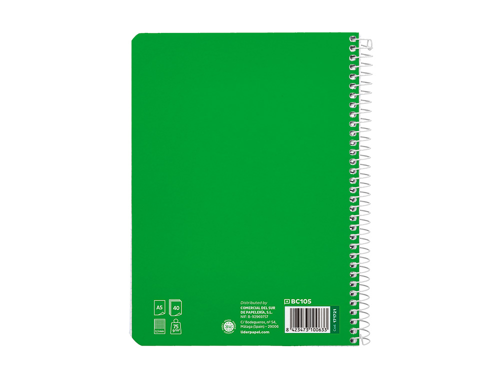 CUADERNO ESPIRAL LIDERPAPEL A5 PAUTAGUIA TAPA BLANDA 40H 75GR CUADRO PAUTADO 2,5MM COLOR VERDE