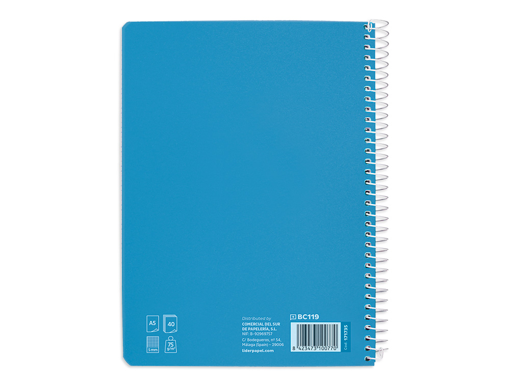 CUADERNO ESPIRAL LIDERPAPEL A5 PAUTAGUIA TAPA BLANDA 40H 75GR CUADRO PAUTADO 5MM COLOR AZUL