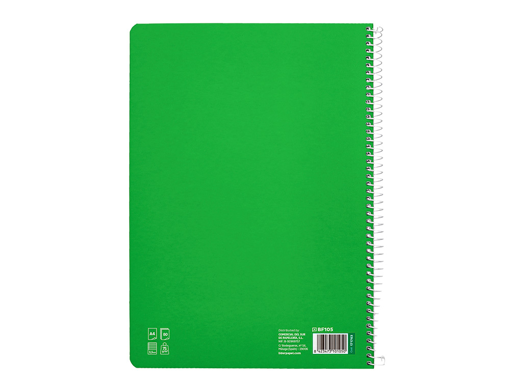 CUADERNO ESPIRAL LIDERPAPEL A4 PAUTAGUIA TAPA BLANDA 80H 75GR CUADRO PAUTADO 2,5MM COLOR VERDE