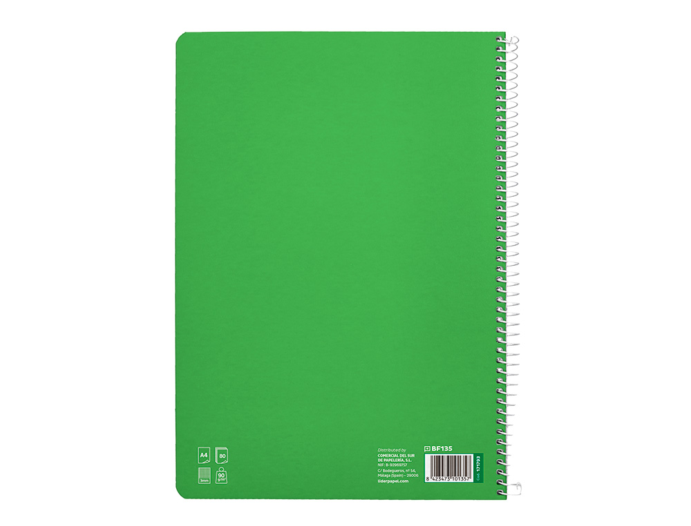 CUADERNO ESPIRAL LIDERPAPEL DIN A4 PAUTAGUIA TAPA DURA 80H 90 GR CUADRO PAUTADO 3MM COLOR VERDE