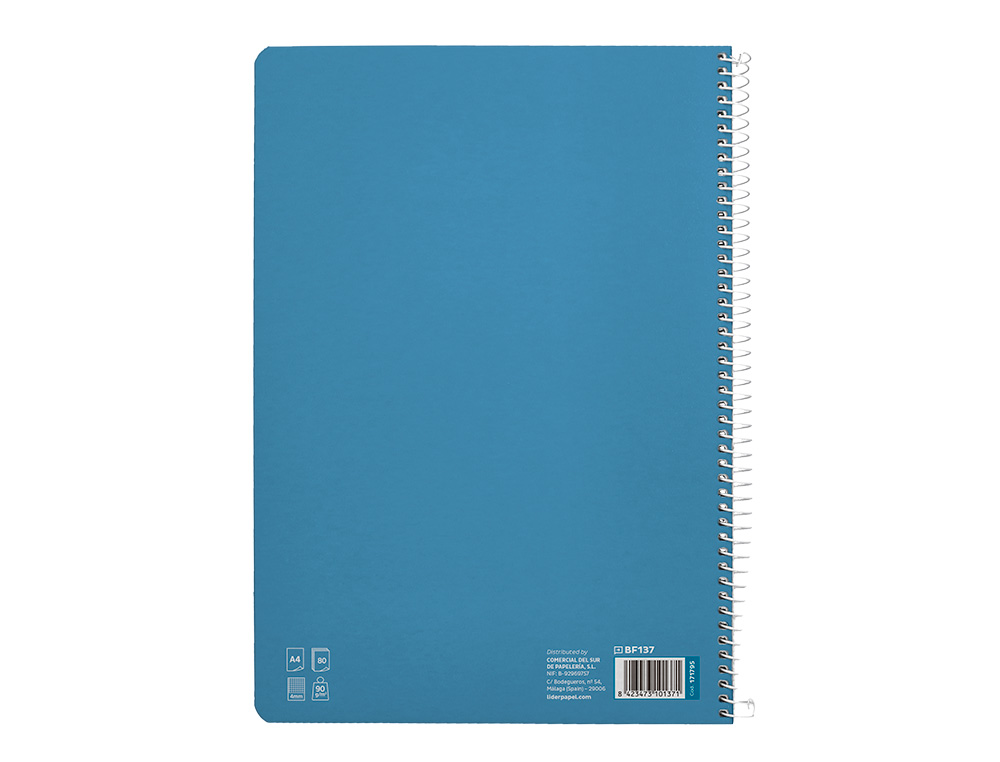 CUADERNO ESPIRAL LIDERPAPEL A4 PAUTAGUIA TAPA DURA 80H 90GR CUADRO PAUTADO 4MM COLOR AZUL