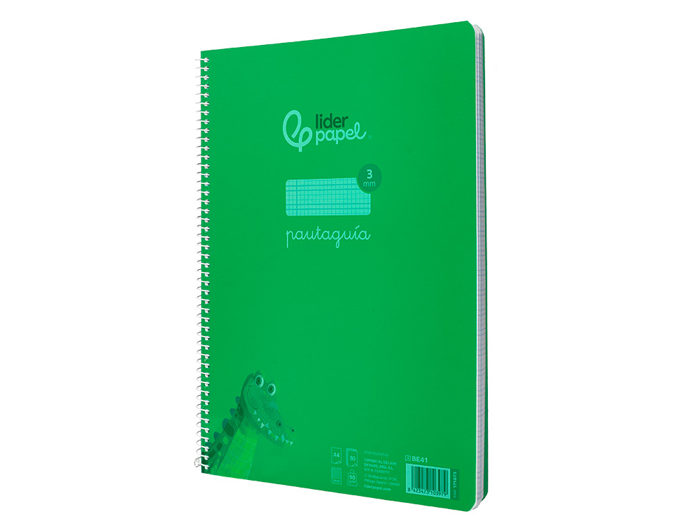CUADERNO ESPIRAL LIDERPAPEL A4 PAUTAGUIA TAPA PLASTICO 80H 90GR CUADRO PAUTADO 3MM CON MARGEN COLOR VERDE