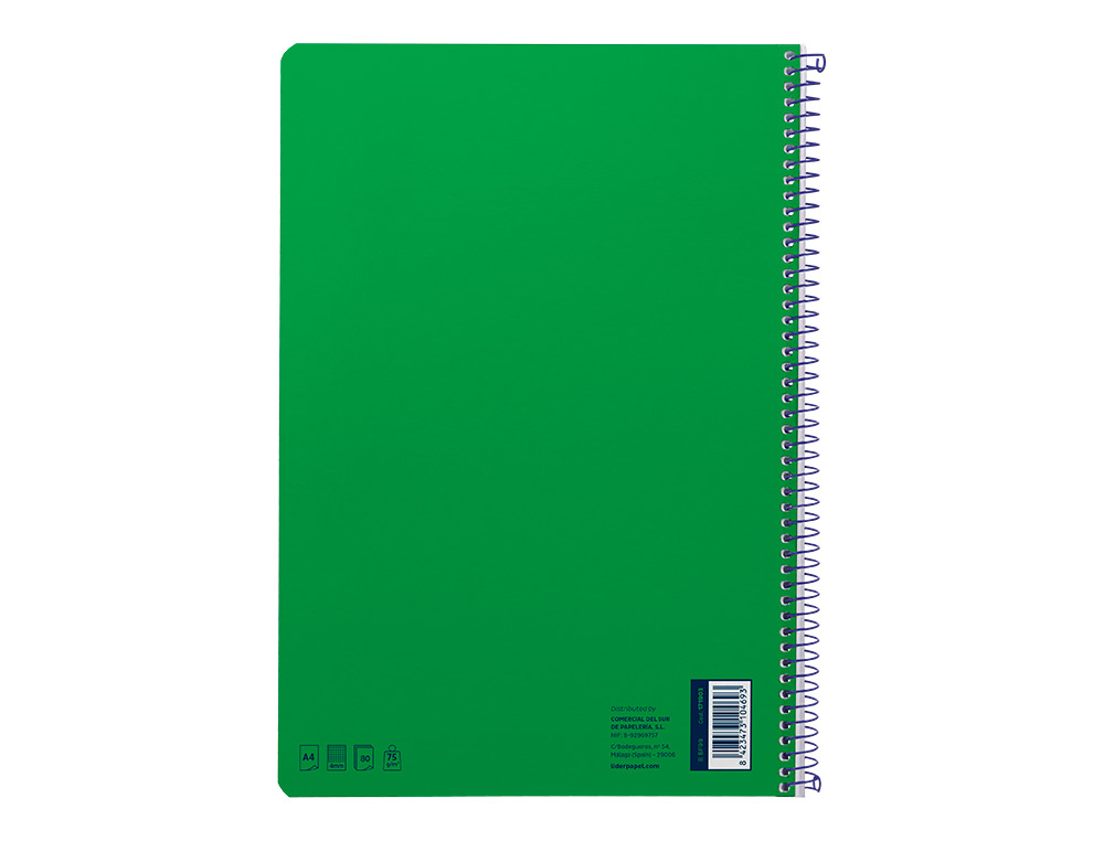CUADERNO ESPIRAL LIDERPAPEL A4 SMART TAPA BLANDA 80H 75GR CUADRO 4MM CON MARGEN COLOR VERDE