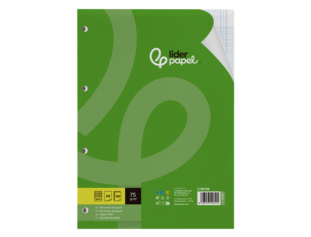 RECAMBIO LIDERPAPEL A4 100 HOJAS 75GR MILIMETRADO 2 MM SIN MARGEN 4 TALADROS