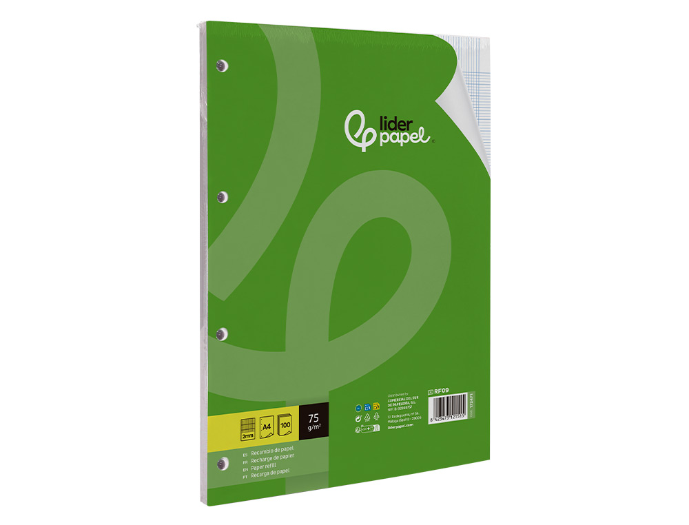 RECAMBIO LIDERPAPEL A4 100 HOJAS 75GR MILIMETRADO 2 MM SIN MARGEN 4 TALADROS
