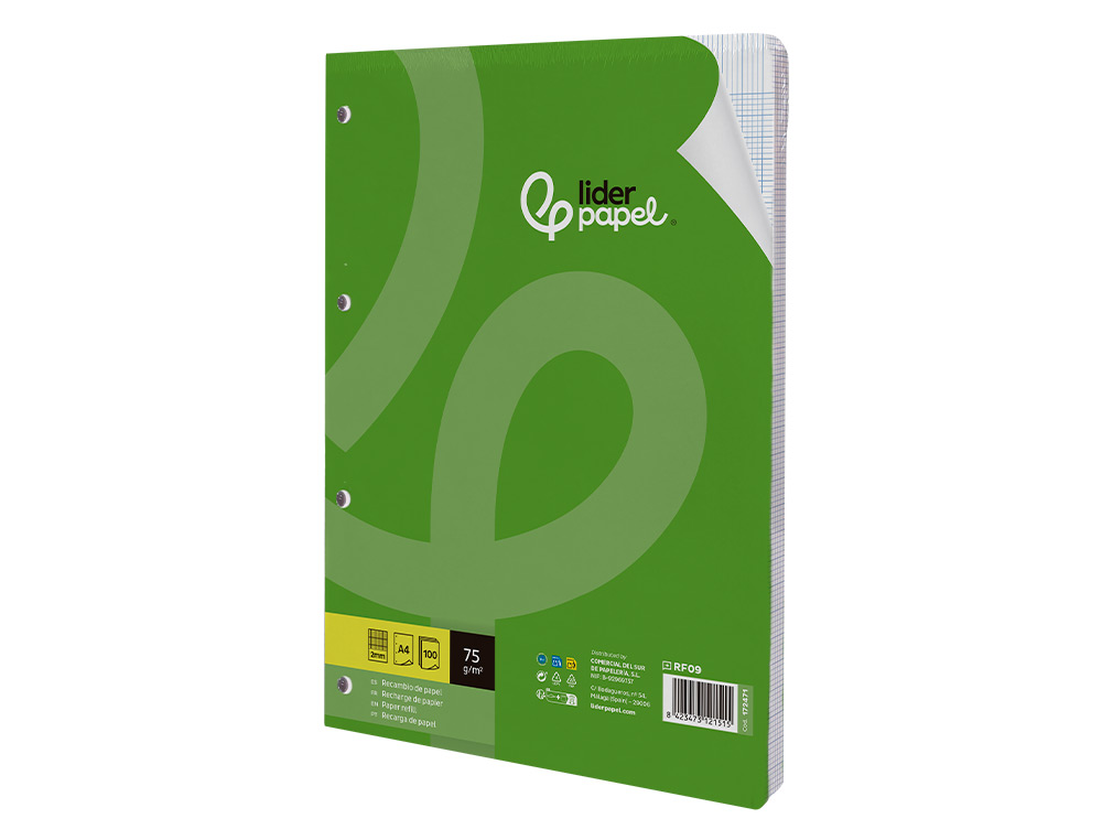 RECAMBIO LIDERPAPEL A4 100 HOJAS 75GR MILIMETRADO 2 MM SIN MARGEN 4 TALADROS