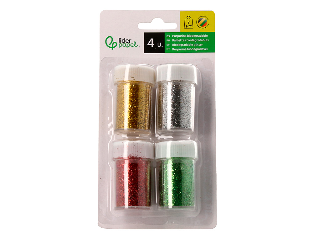 PURPURINA LIDERPAPEL BIODEGRADABLE FANTASIA BOTE 7 GR COLORES METALICOS SURTIDOS BLISTER DE 4 UNIDADES