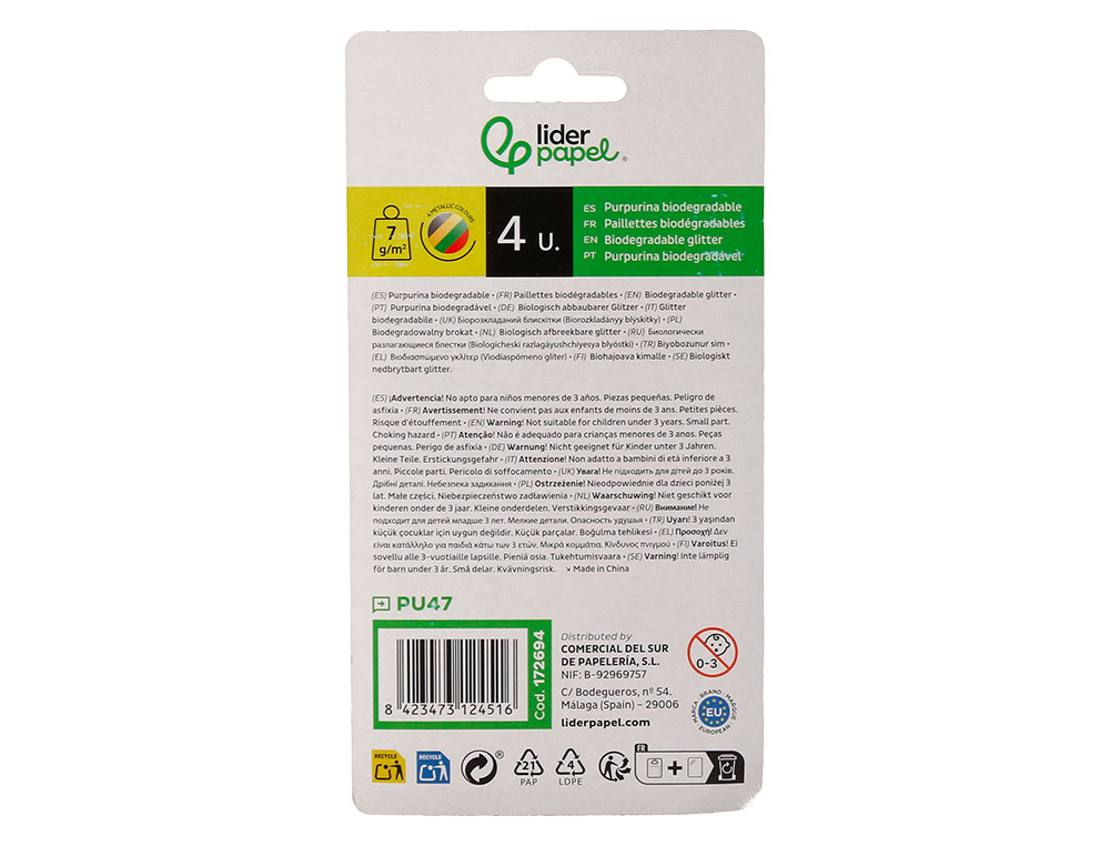 PURPURINA LIDERPAPEL BIODEGRADABLE FANTASIA BOTE 7 GR COLORES METALICOS SURTIDOS BLISTER DE 4 UNIDADES