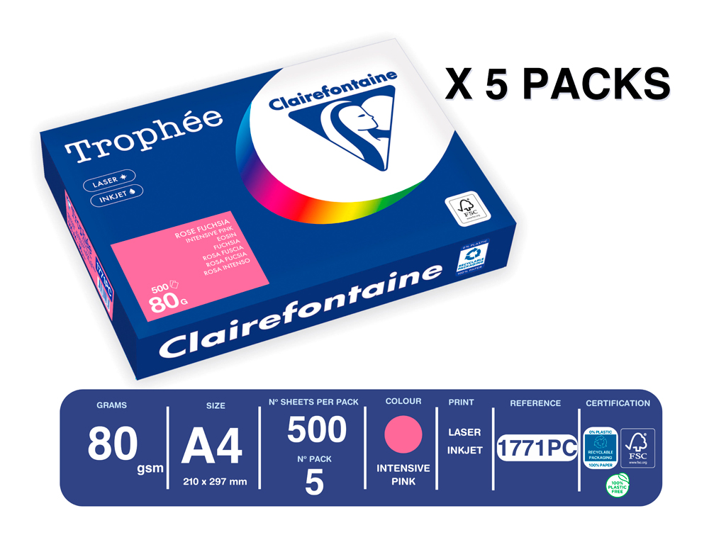 PAPEL COLOR TROPHEE A4 80GR ROSA FUSCIA INTENSO PAQUETE DE 500 HOJAS