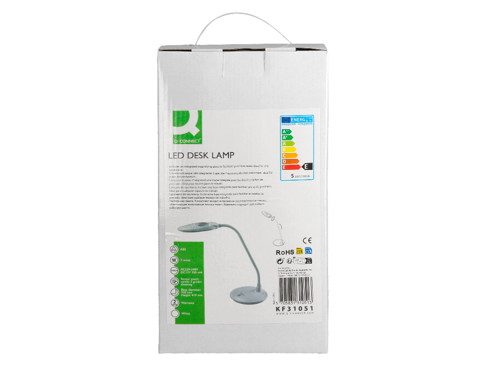 LAMPARA DE ESCRITORIO Q-CONNECT LED 5W 250 LM SENSOR 3 NIVELES COLOR CON LUPA ILUMINACION AJUSTABLE BLANCO