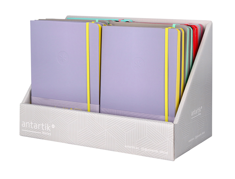 CUADERNO CON GOMILLA ANTARTIK NOTE TAPA DURA Y BLANDA BICOLOR EXPOSITOR DE 18 UNIDADES SURTIDAS