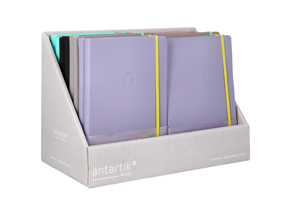 CUADERNO CON GOMILLA ANTARTIK NOTE TAPA DURA Y BLANDA BICOLOR EXPOSITOR DE 18 UNIDADES SURTIDAS