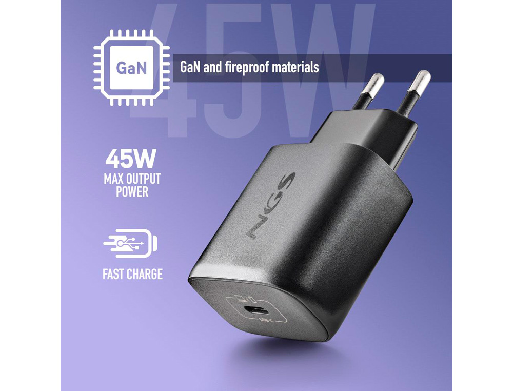 CARGADOR GAN NGS DE PARED ULTRARAPIDO PARA PORTATIL DE 45W CON SALIDA TIPO USB-C Y CABLE USB-C A USB-C LONGITUD