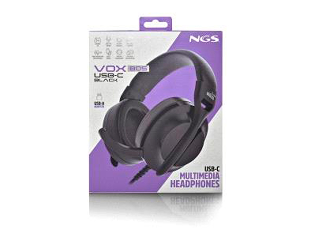 AURICULARES NGS VOX805 CON CABLE ESTEREO USB-C CON CONTROL DE VOLUMEN Y ADAPTADOR USB COLOR NEGRO