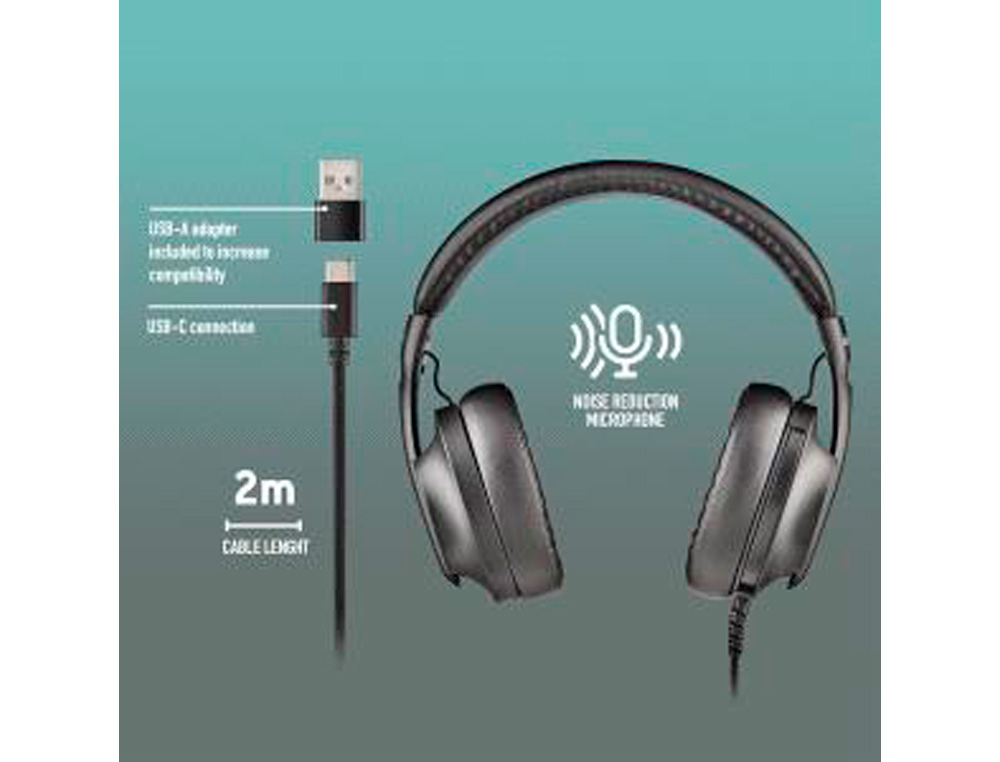 AURICULARES NGS VOX805 CON CABLE ESTEREO USB-C CON CONTROL DE VOLUMEN Y ADAPTADOR USB COLOR NEGRO