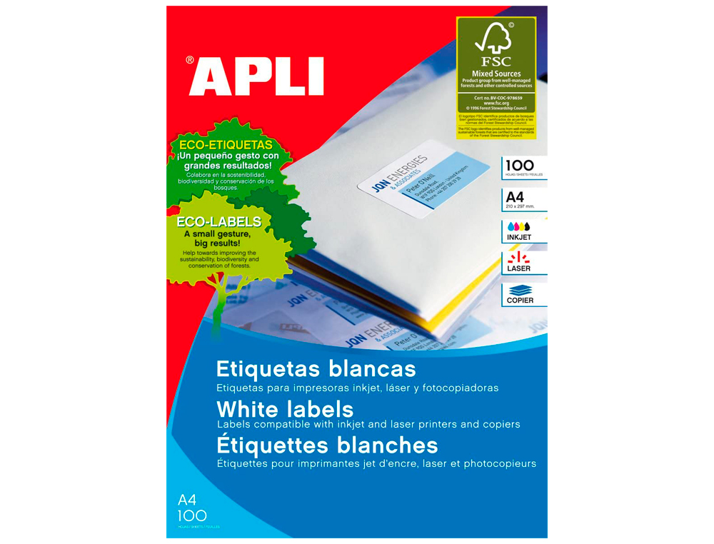 ETIQUETA ADHESIVA APLI 1274 TAMAÑO 105X37 MM FOTOCOPIADORA LASER INK-JET CAJA CON 100 HOJAS DIN A4