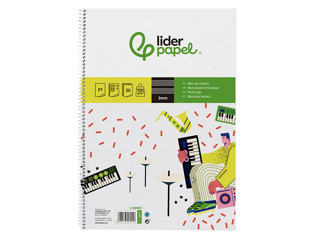 BLOC MUSICA LIDERPAPEL PENTAGRAMA 3MM FOLIO 20 HOJAS 100G/M2