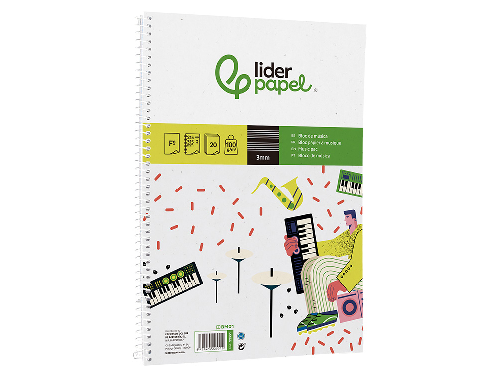 BLOC MUSICA LIDERPAPEL PENTAGRAMA 3MM FOLIO 20 HOJAS 100G/M2