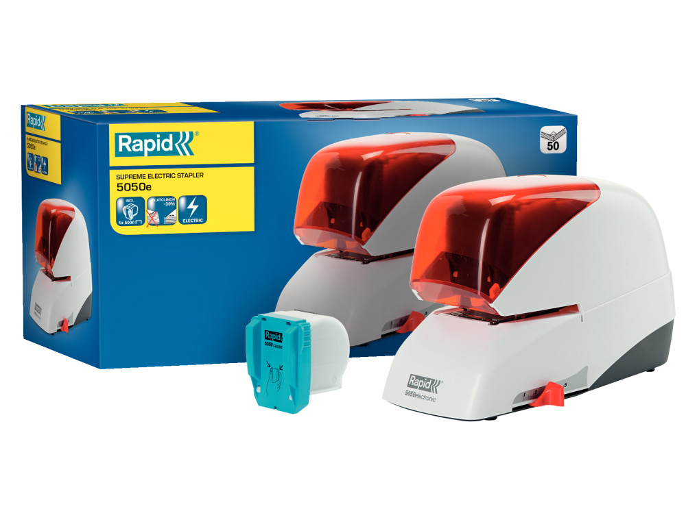 GRAPADORA ELECTRICA RAPID 5050E CAPACIDAD 50 HOJAS USA CASETTE GRAPAS 5050E COLOR PLATA/NARANJA