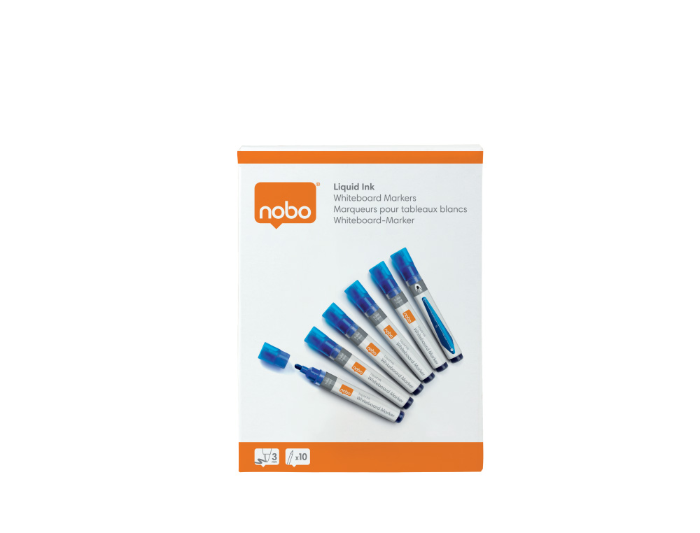 ROTULADOR NOBO PARA PIZARRA BLANCA TINTA LIQUIDA PUNTA CONICA 3 MM AZUL CAJA DE 10 UNIDADES