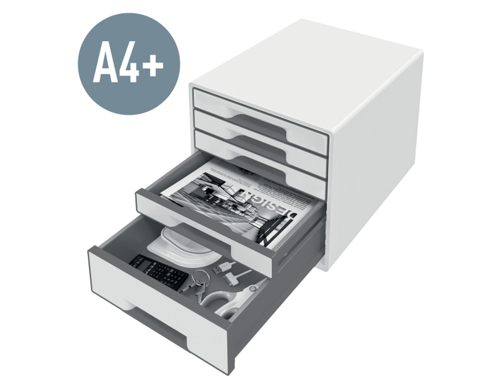 FICHERO CAJONES DE SOBREMESA LEITZ WOW DESK CUBE 1 CAJON GRANDE Y 4 PEQUEÑOS COLOR BLANCO/GRIS