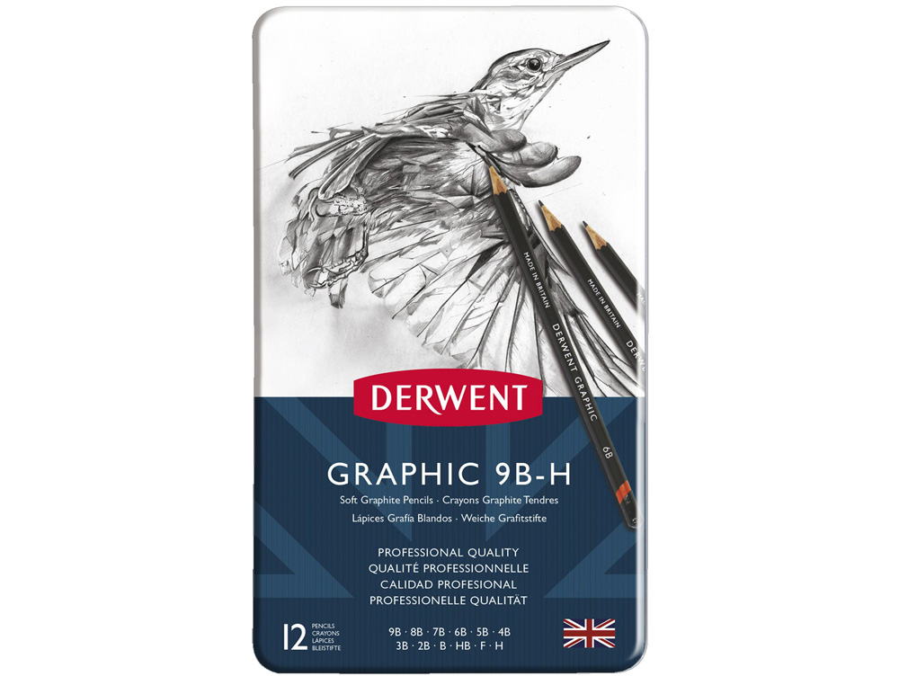 LAPICES DE GRAFITO DERWENT CAJA METALICA 12 UNIDADES DUREZAS SURTIDAS