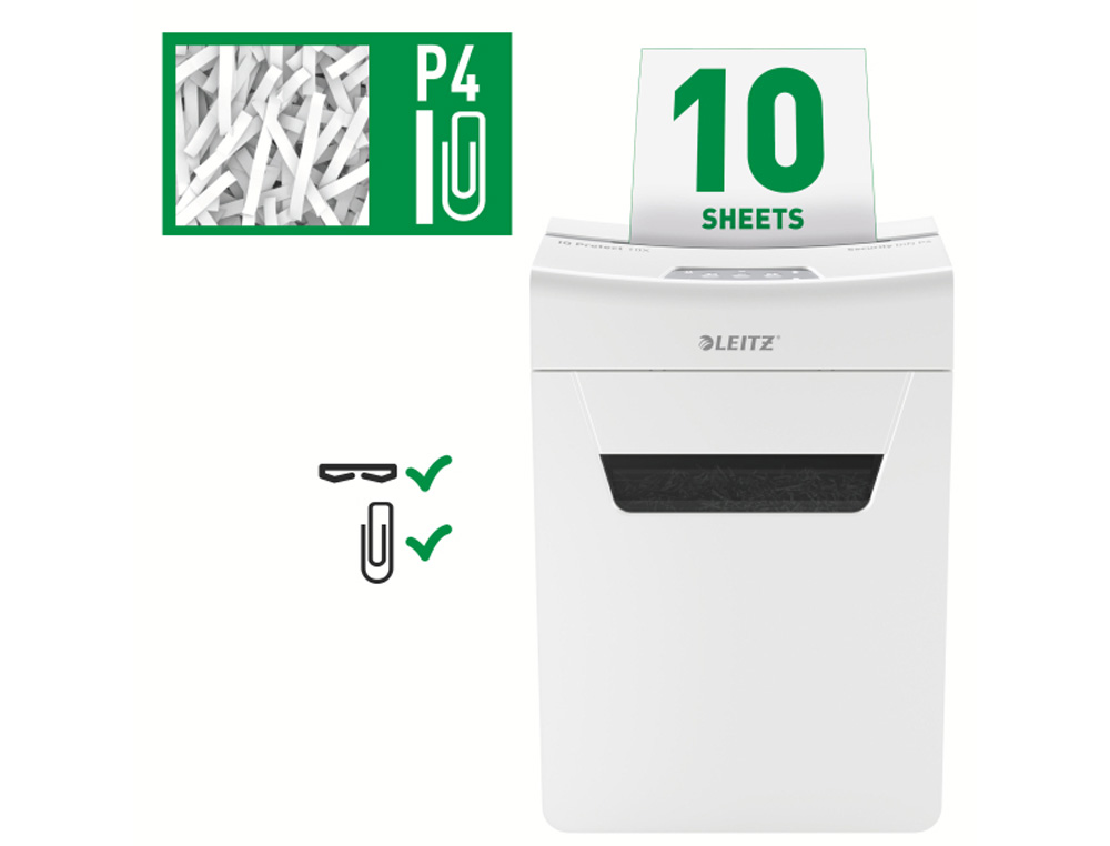 DESTRUCTORA DE DOCUMENTOS LEITZ IQ PROTECT PREMIUM 10X P4 CAPACIDAD DE CORTE 10 HOJAS DESTRUYE GRAPAS Y CLIPS