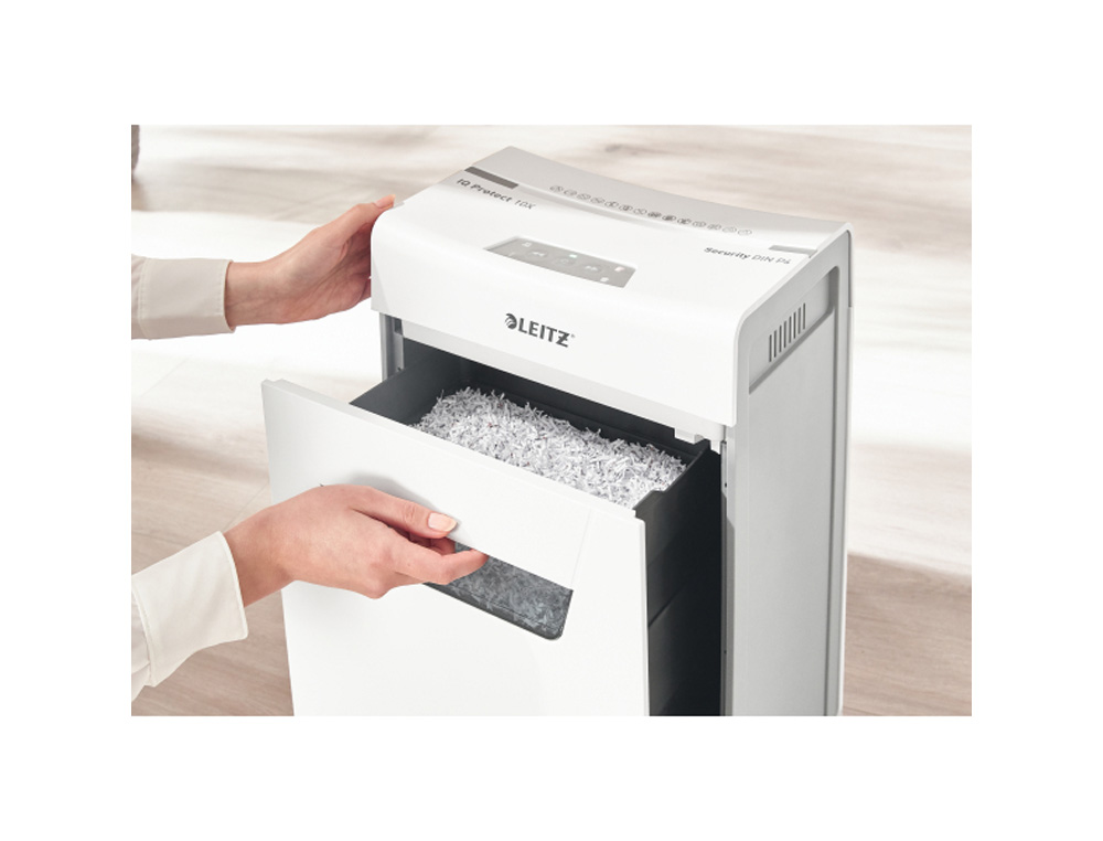 DESTRUCTORA DE DOCUMENTOS LEITZ IQ PROTECT PREMIUM 10X P4 CAPACIDAD DE CORTE 10 HOJAS DESTRUYE GRAPAS Y CLIPS