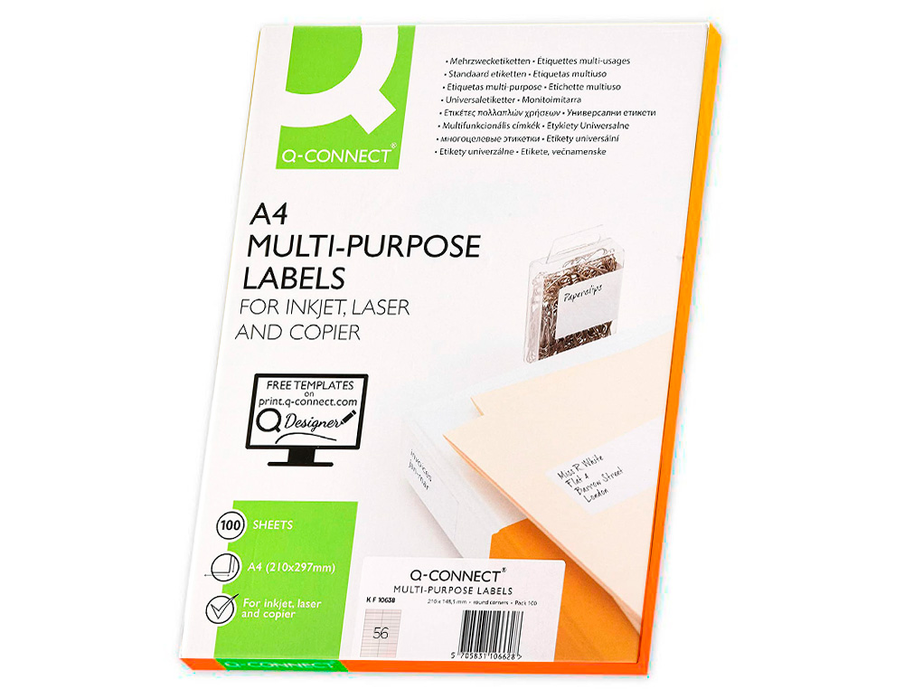 ETIQUETA ADHESIVA Q-CONNECT KF10638 TAMAÑO 52,5X21,2 MM FOTOCOPIADORA LASER INK-JET CAJA CON 100 HOJAS DIN A4