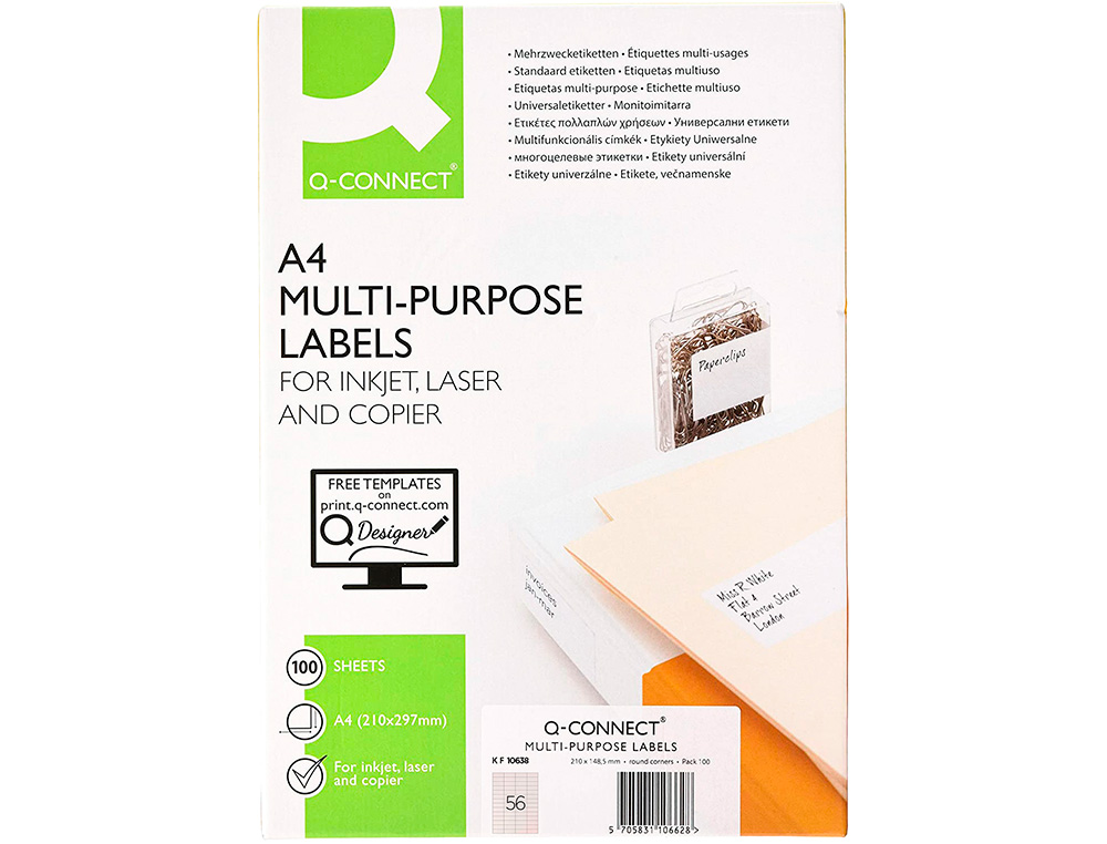 ETIQUETA ADHESIVA Q-CONNECT KF10638 TAMAÑO 52,5X21,2 MM FOTOCOPIADORA LASER INK-JET CAJA CON 100 HOJAS DIN A4