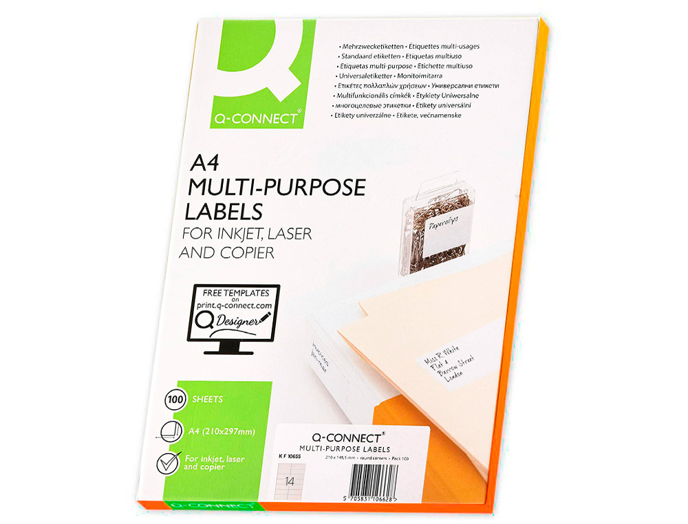 ETIQUETA ADHESIVA Q-CONNECT KF10655 TAMAO 105X42 MM FOTOCOPIADORA LASER INK-JET CAJA CON 100 HOJAS DIN A4
