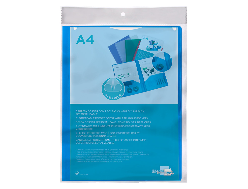 CARPETA LIDERPAPEL DOSSIER DOS BOLSAS CANGURO 45682 POLIPROPILENO DIN A4 AZUL