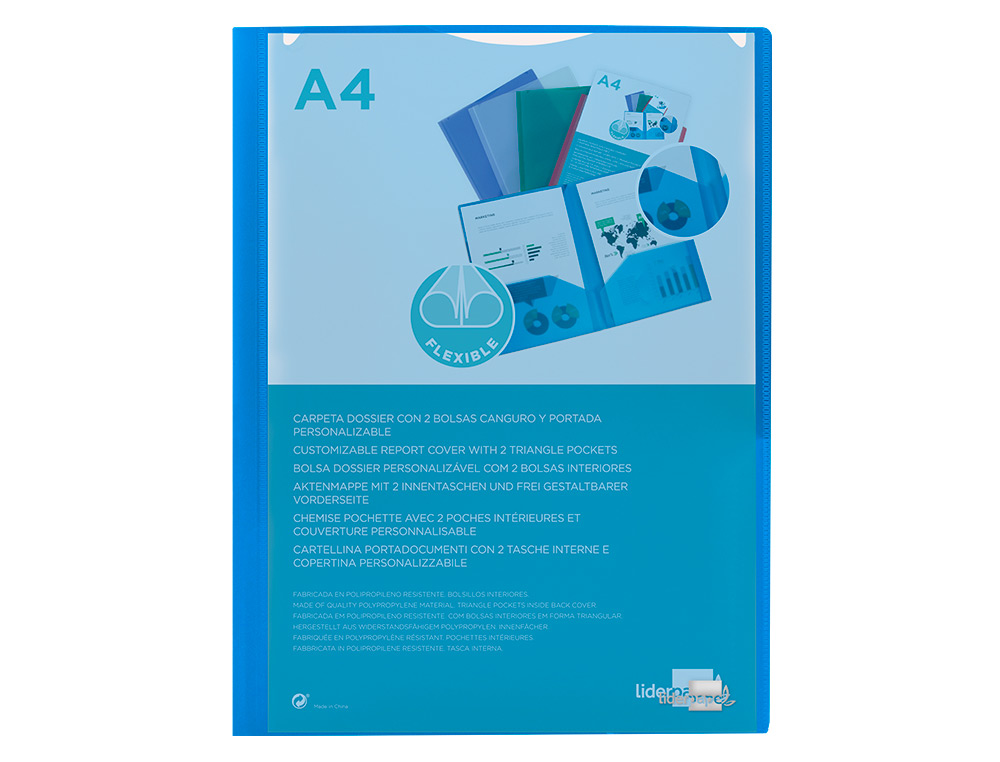 CARPETA LIDERPAPEL DOSSIER DOS BOLSAS CANGURO 45682 POLIPROPILENO DIN A4 AZUL