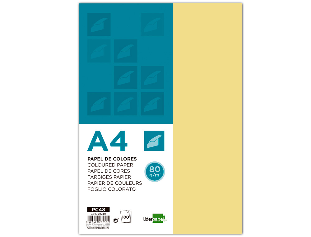 PAPEL COLOR LIDERPAPEL A4 80GR AMARILLO PAQUETE DE 100 HOJAS