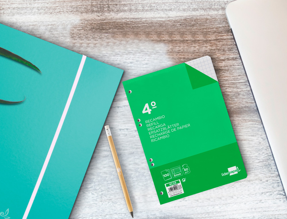 RECAMBIO LIDERPAPEL CUARTO 100 HOJAS 60GR CUADRO 8MM CON MARGEN 6 TALADROS