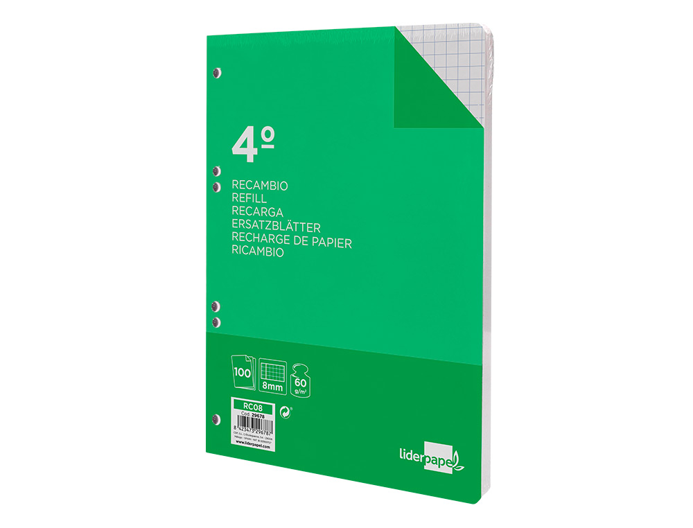 RECAMBIO LIDERPAPEL CUARTO 100 HOJAS 60GR CUADRO 8MM CON MARGEN 6 TALADROS
