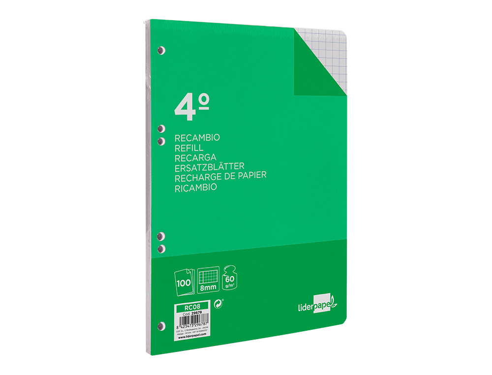 RECAMBIO LIDERPAPEL CUARTO 100 HOJAS 60GR CUADRO 8MM CON MARGEN 6 TALADROS