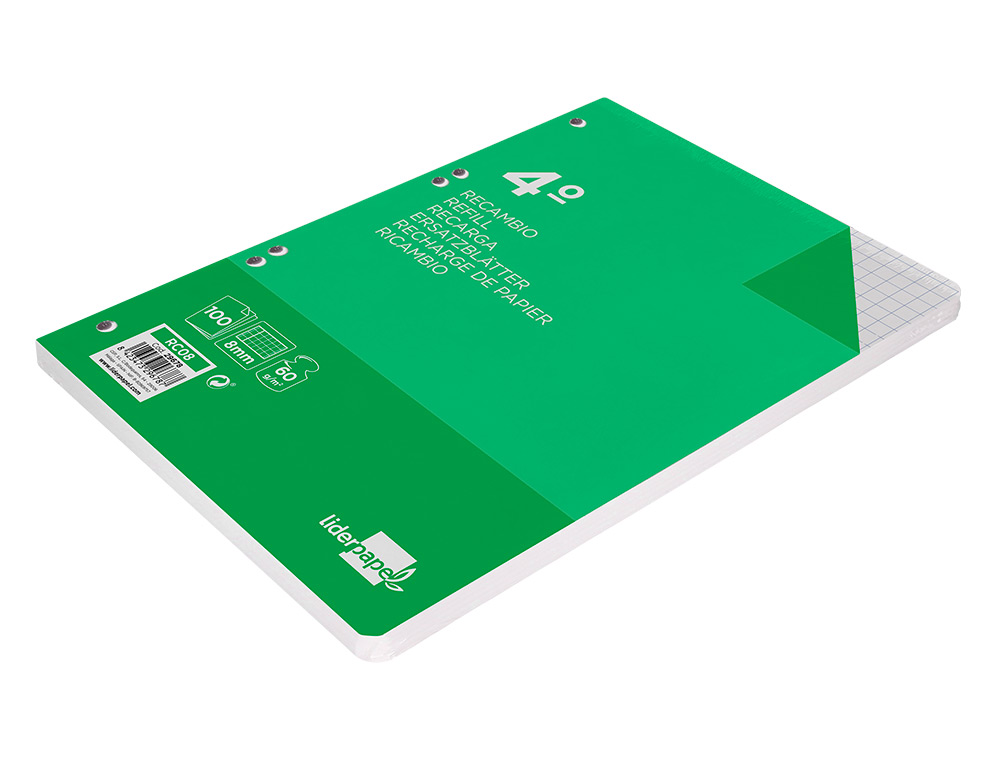 RECAMBIO LIDERPAPEL CUARTO 100 HOJAS 60GR CUADRO 8MM CON MARGEN 6 TALADROS