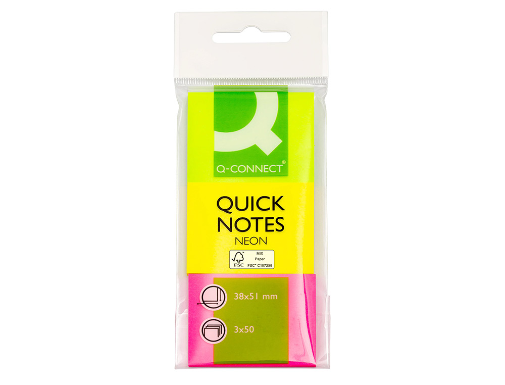BLOC DE NOTAS ADHESIVAS QUITA Y PON Q-CONNECT 38X51 MM NEON PACK DE 3 UNIDADES CON 50 HOJAS POR COLOR