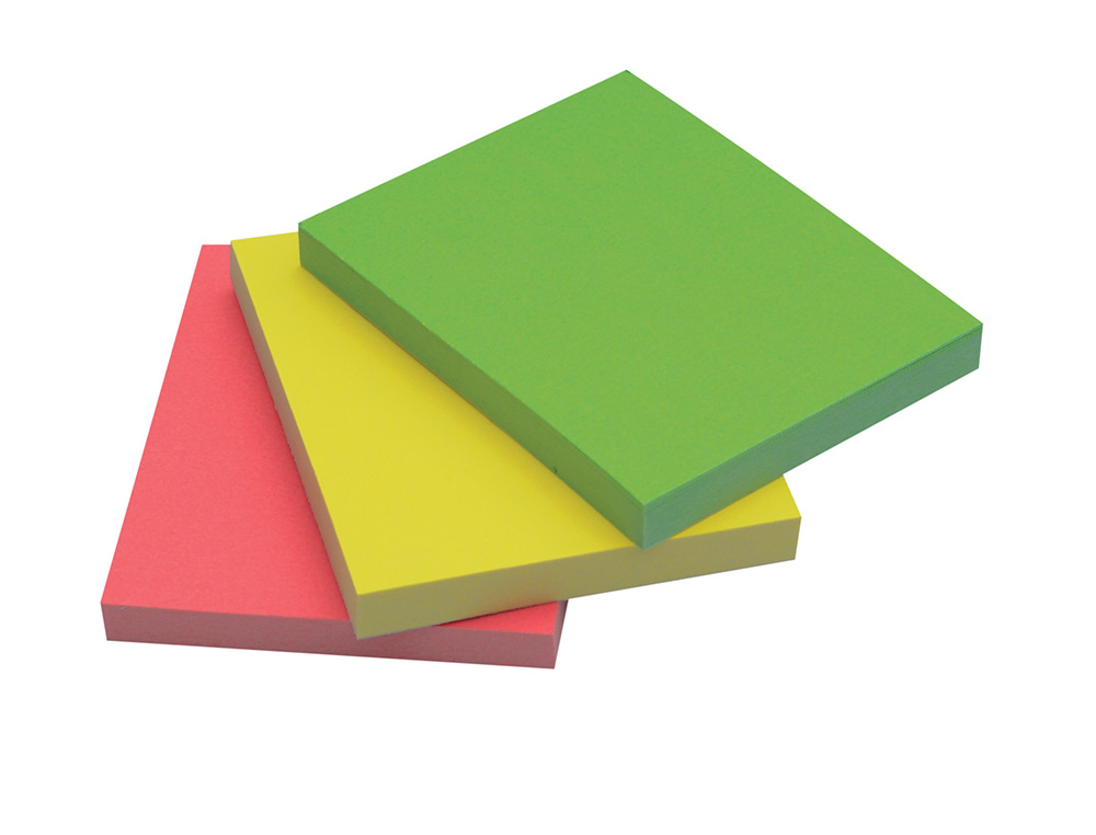 BLOC DE NOTAS ADHESIVAS QUITA Y PON Q-CONNECT 38X51 MM NEON PACK DE 3 UNIDADES CON 50 HOJAS POR COLOR