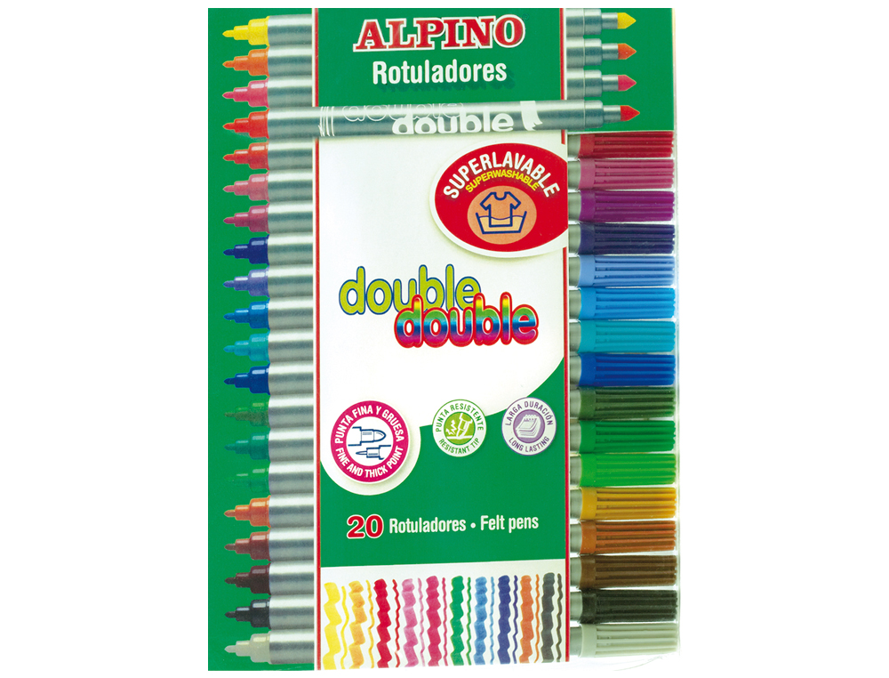 ROTULADOR ALPINO DOUBLE DOUBLE PUNTA GRUESA Y PUNTA FINA CAJA DE 20+4 UNIDADES COLORES SURTIDOS
